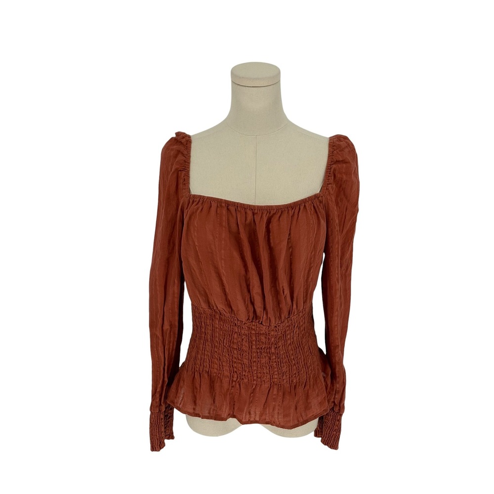 Urban Girl Smocked Peplum Blouse Rust Orange 100% Cotton Large